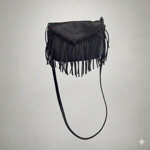 Black Faux Leather Fringe Crossbody Bag‎